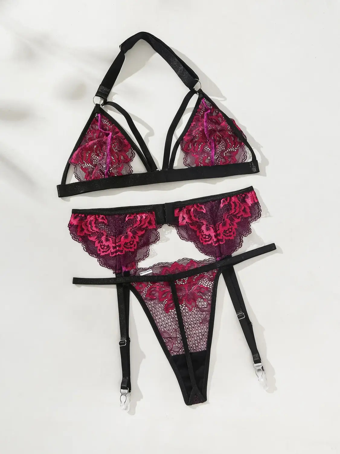 Women’s Sexy Lace Flower Front Buckle Underwear Strap Spicy Girl Waist Cover Fashionable Comfortable and Fun 3-Piece Set