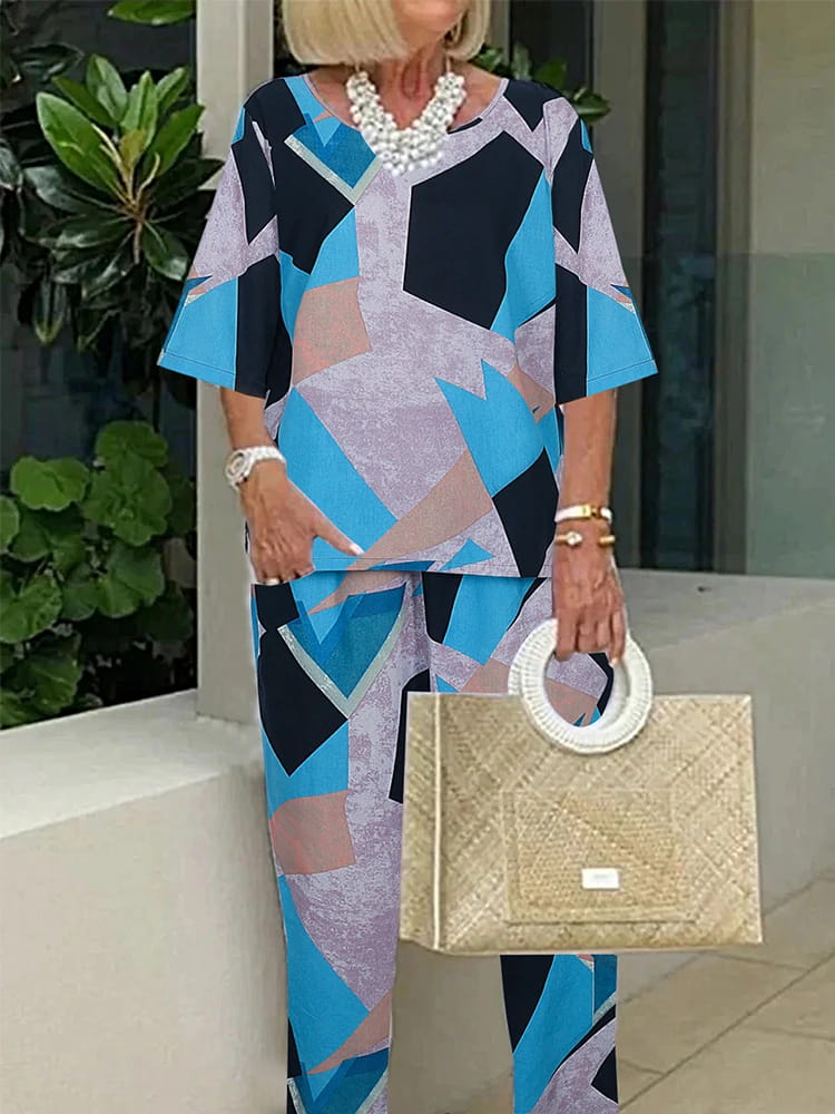 Conjunto de dos piezas de pantalón de lino y algodón de verano para mujer, talla grande, con cuello redondo estampado y mangas de cinco puntos.