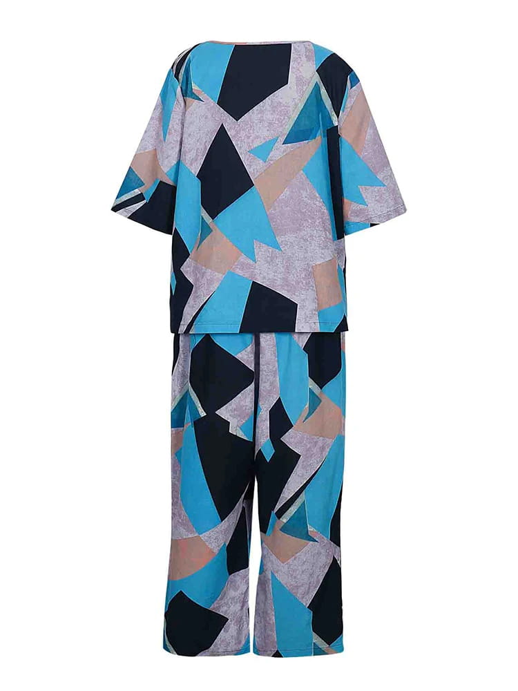 Conjunto de dos piezas de pantalón de lino y algodón de verano para mujer, talla grande, con cuello redondo estampado y mangas de cinco puntos.