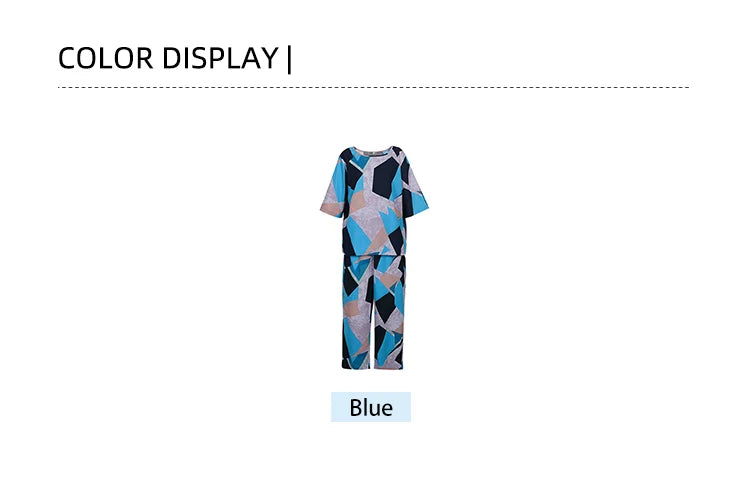 Conjunto de dos piezas de pantalón de lino y algodón de verano para mujer, talla grande, con cuello redondo estampado y mangas de cinco puntos.