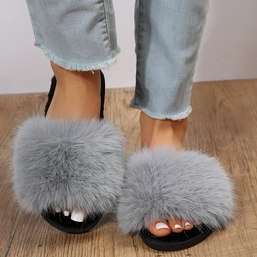 Ladies Fuzzy Flat Slide Slippers Plush Fur