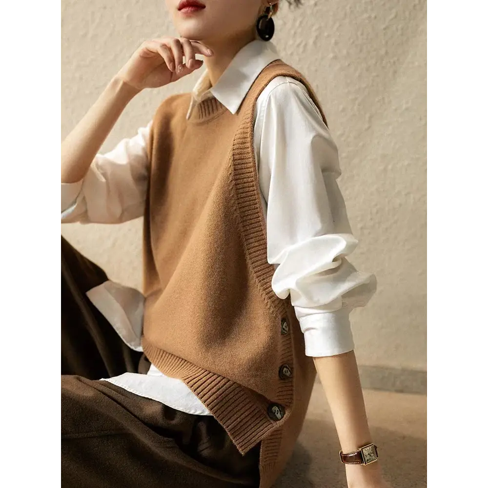 100% Merino Wool Sleeveless Knit Vest – O-Neck Pullover for Women - Golden Camel / XL - Sweaters