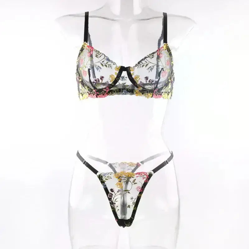 Floral Embroidery Lingerie Set Women Sheer 2-Piece Boho Bra + Panty Underwear Set Intimates