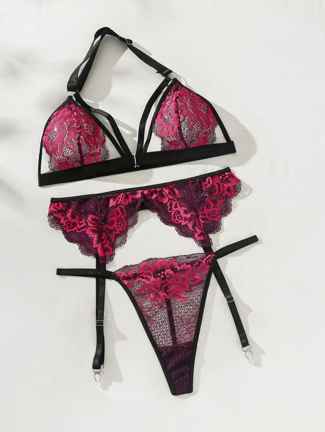 Women’s Sexy Lace Flower Front Buckle Underwear Strap Spicy Girl Waist Cover Fashionable Comfortable and Fun 3-Piece Set