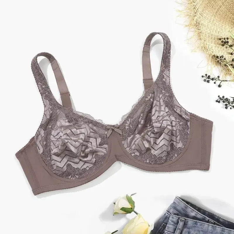 Plus Size Sexy Bra Women's Plus Solid Contrast Embroidery Lace Underwire Full Coverage Bra