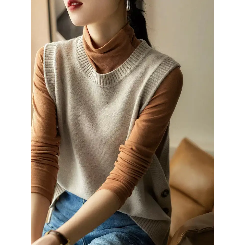 100% Merino Wool Sleeveless Knit Vest – O-Neck Pullover for Women - Sweaters