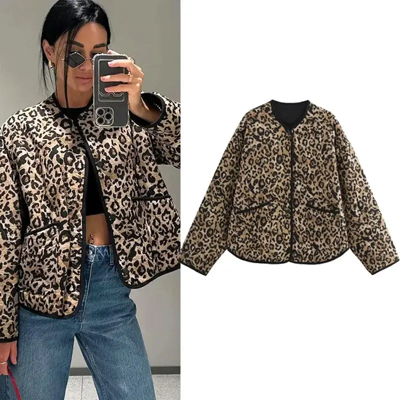 Women's Elegant Leopard Print Jacket Casual Long Sleeve Coat
