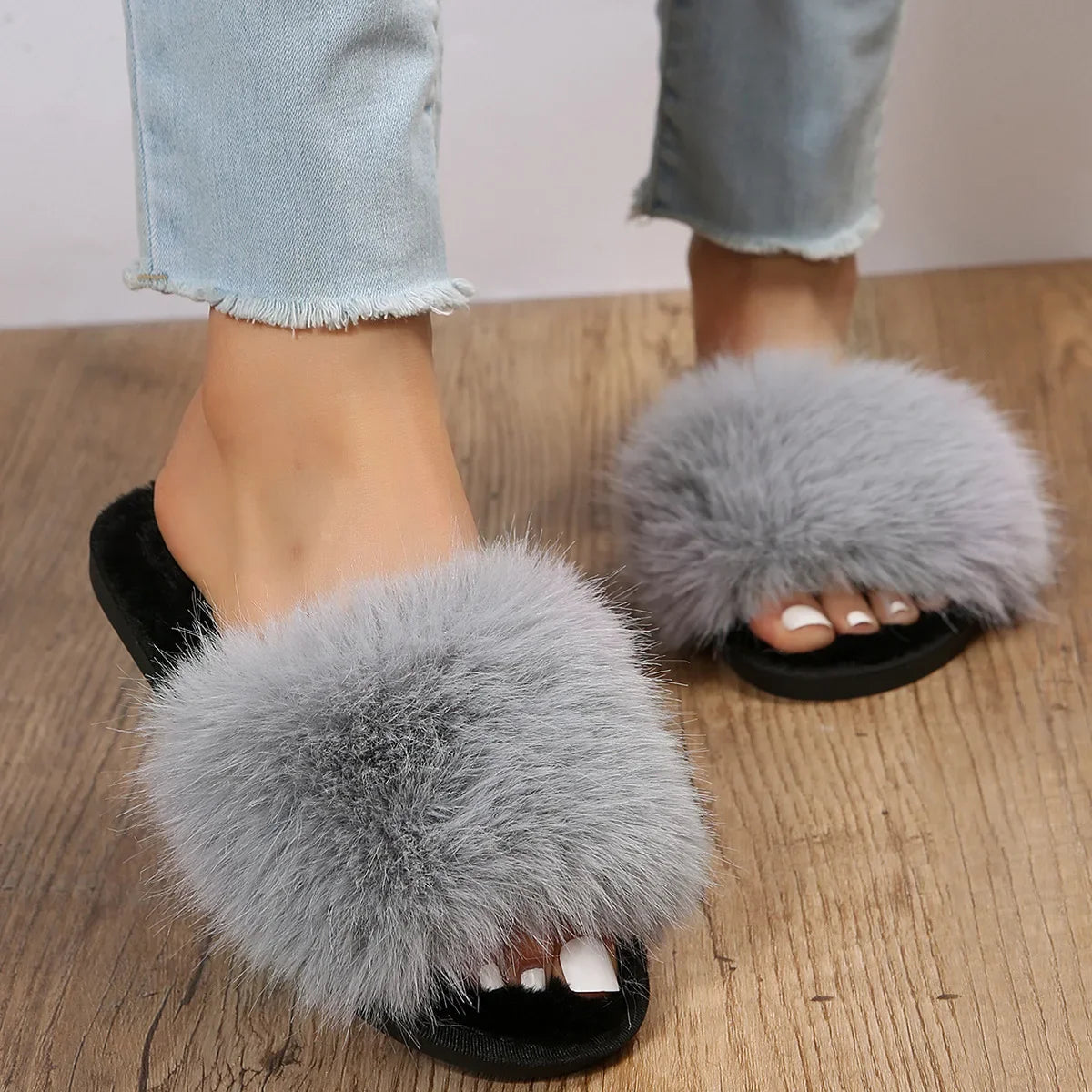 Ladies Fuzzy Flat Slide Slippers Plush Fur
