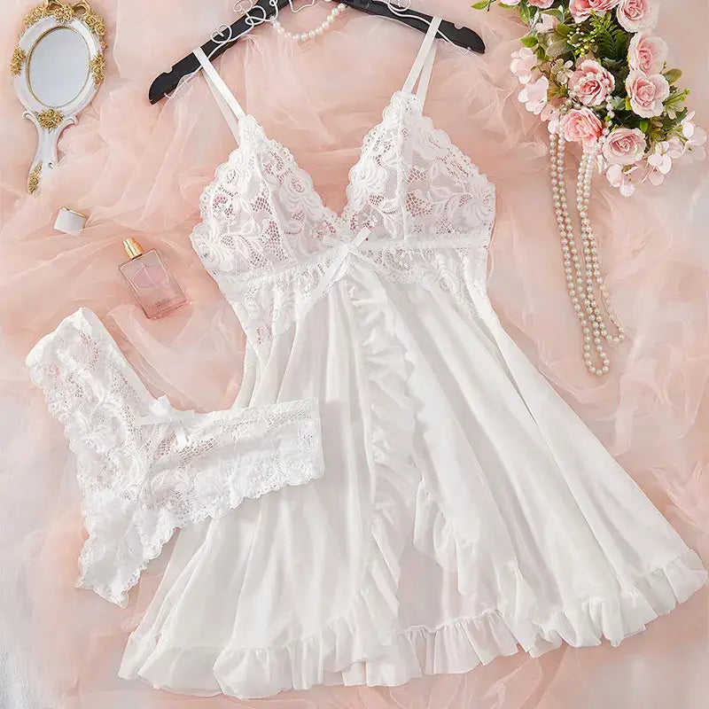 A Set Of Woman Underwear Nightgown Thong Sets Plus Size Suspender Lace Lingerie Sexy Accessories Erotic Bra Nightdress