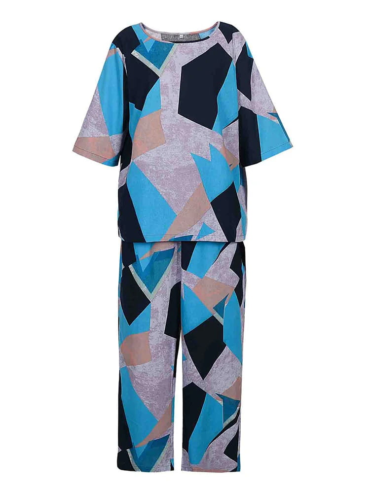 Conjunto de dos piezas de pantalón de lino y algodón de verano para mujer, talla grande, con cuello redondo estampado y mangas de cinco puntos.