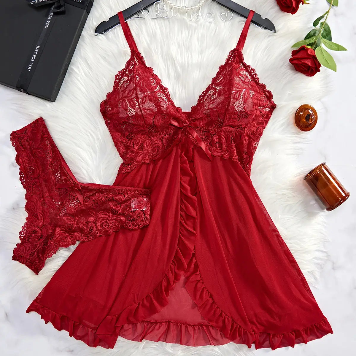 Transparent Red Sexy Lingerie Women’s Underwear See Through Sleepwear Lace Nightdress And Panty Pijamas Sets Female