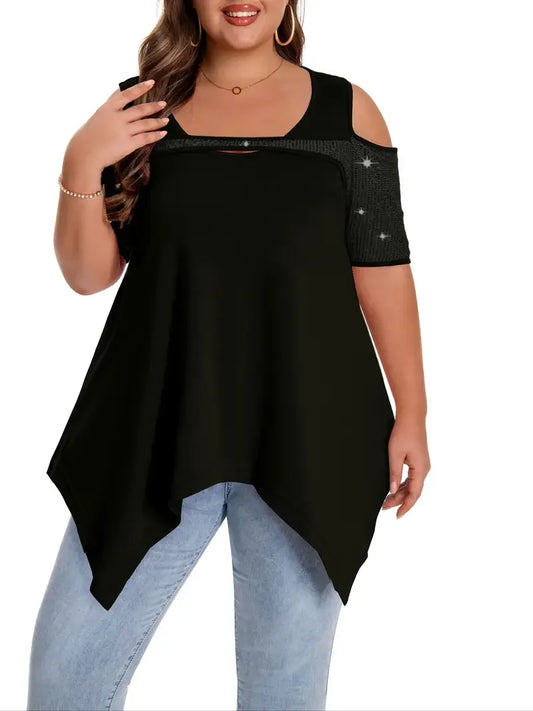 Elegant Plus Size Sequin Detail T-Shirt in solid black features a crew neck and medium stretch knit fabric for comfort.