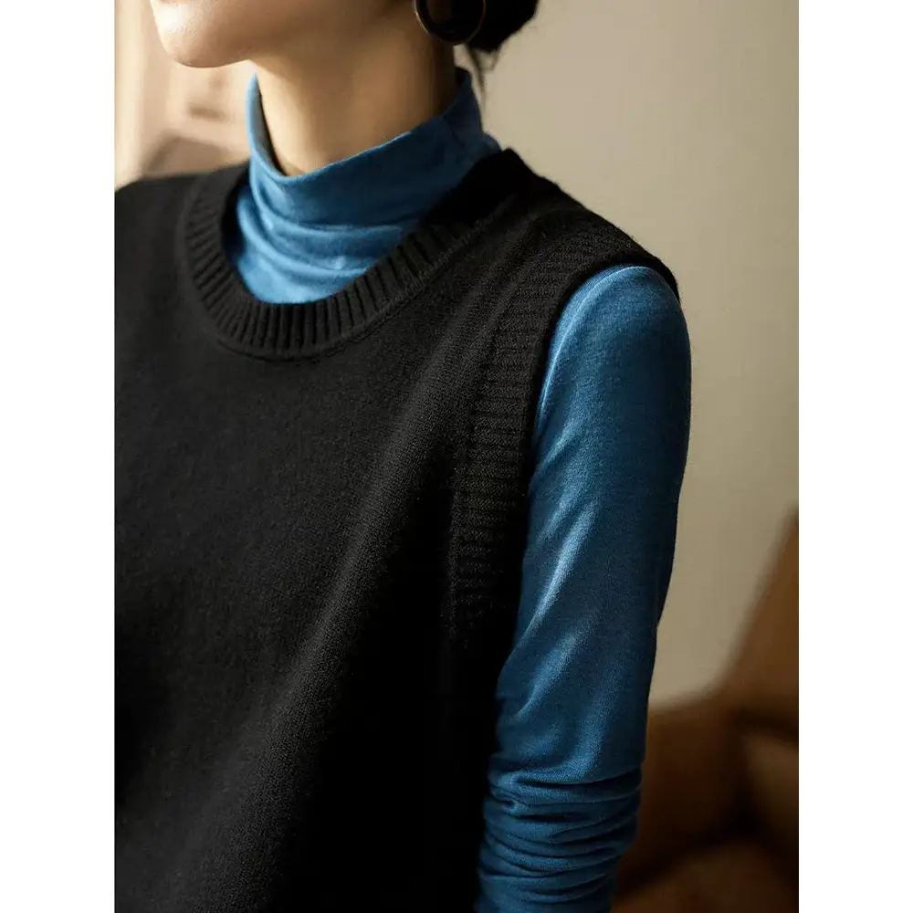 100% Merino Wool Sleeveless Knit Vest – O-Neck Pullover for Women - Black / L - Sweaters