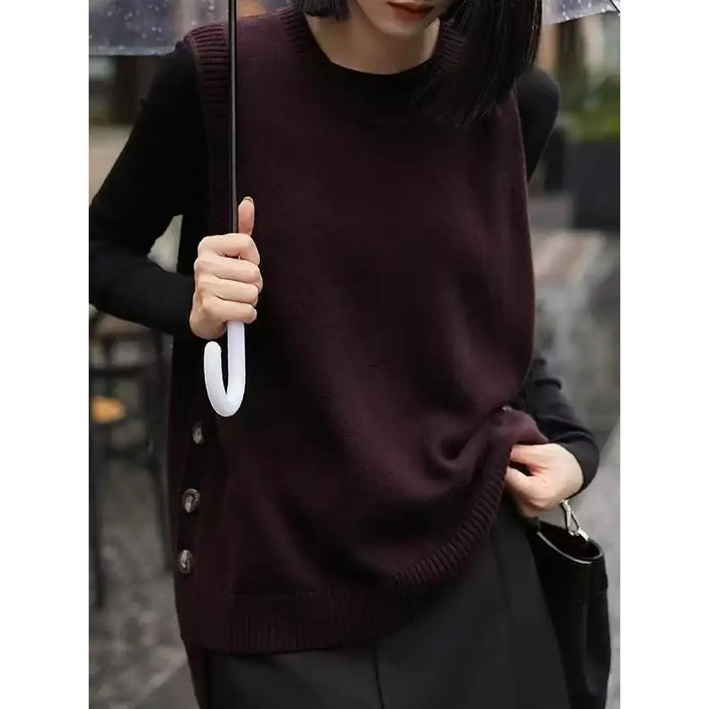 100% Merino Wool Sleeveless Knit Vest – O-Neck Pullover for Women - Dark Red / L - Sweaters