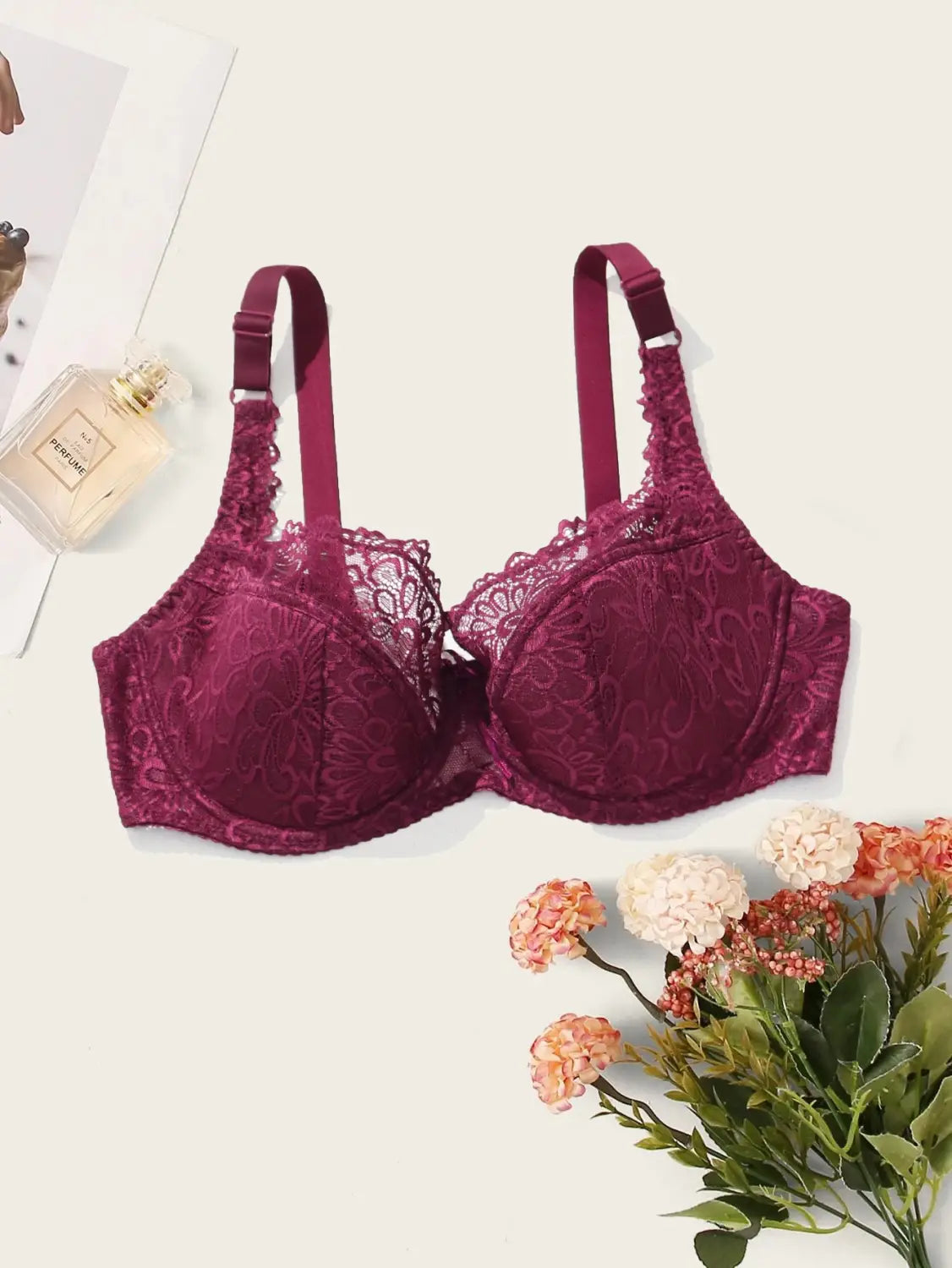 BEAUWEAR Plain Floral Lace Bra for Woman Plus Size Bra with Wire no Foam Full Cup Lingerie