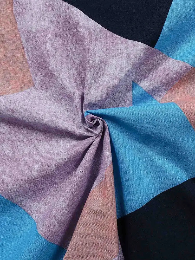 Conjunto de dos piezas de pantalón de lino y algodón de verano para mujer, talla grande, con cuello redondo estampado y mangas de cinco puntos.