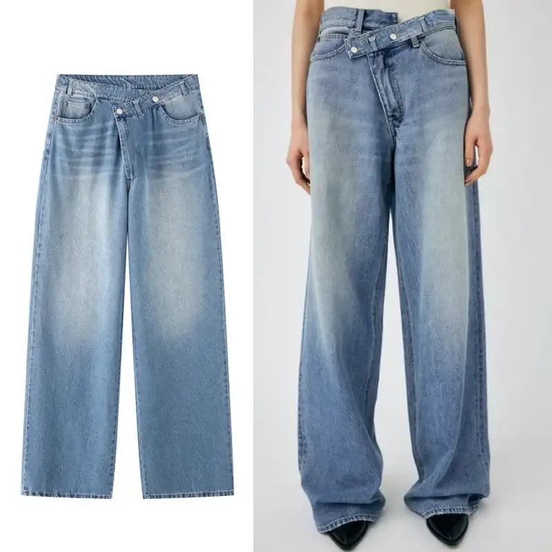 Women's Casual Baggy Denim Jeans Wide Leg High Waist Trousers