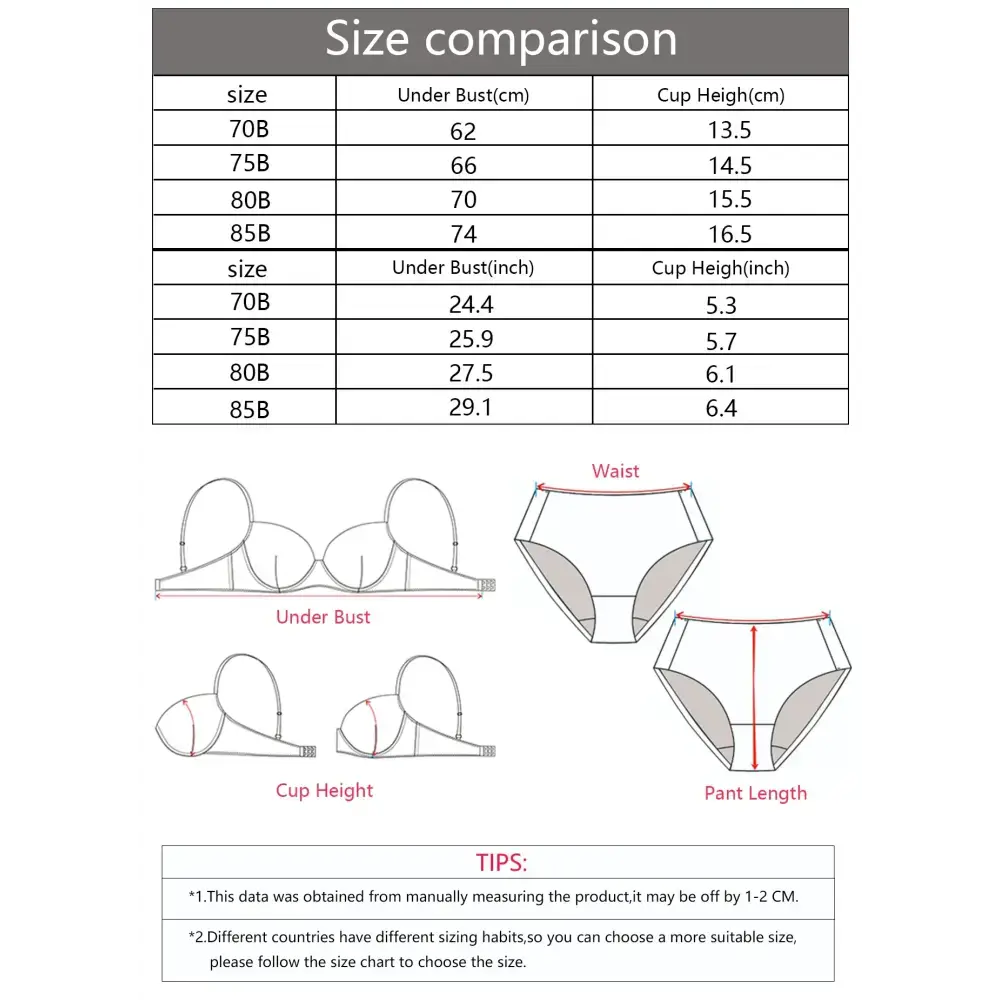 Size comparison chart for adjustable shoulder strap lingerie bra with measurements in cm and inches