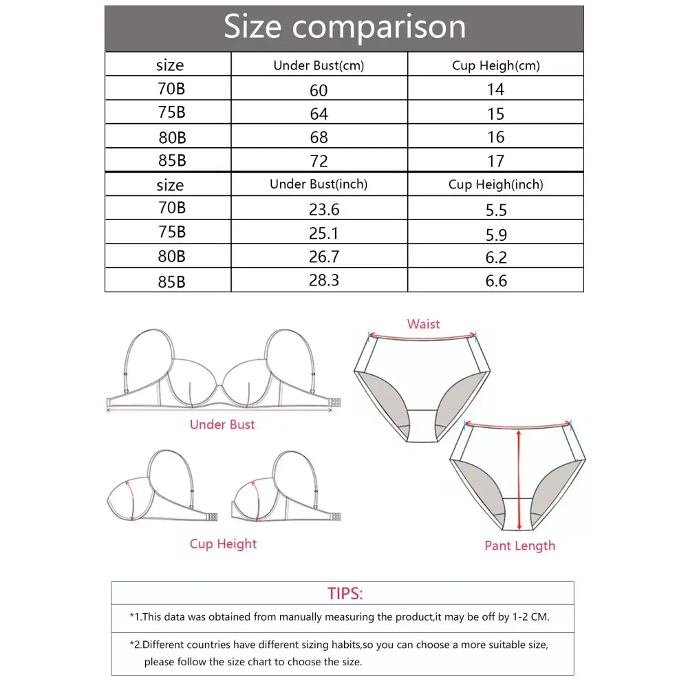 Size comparison chart for adjustable shoulder strap lingerie showing under bust and cup height measurements in cm and inches