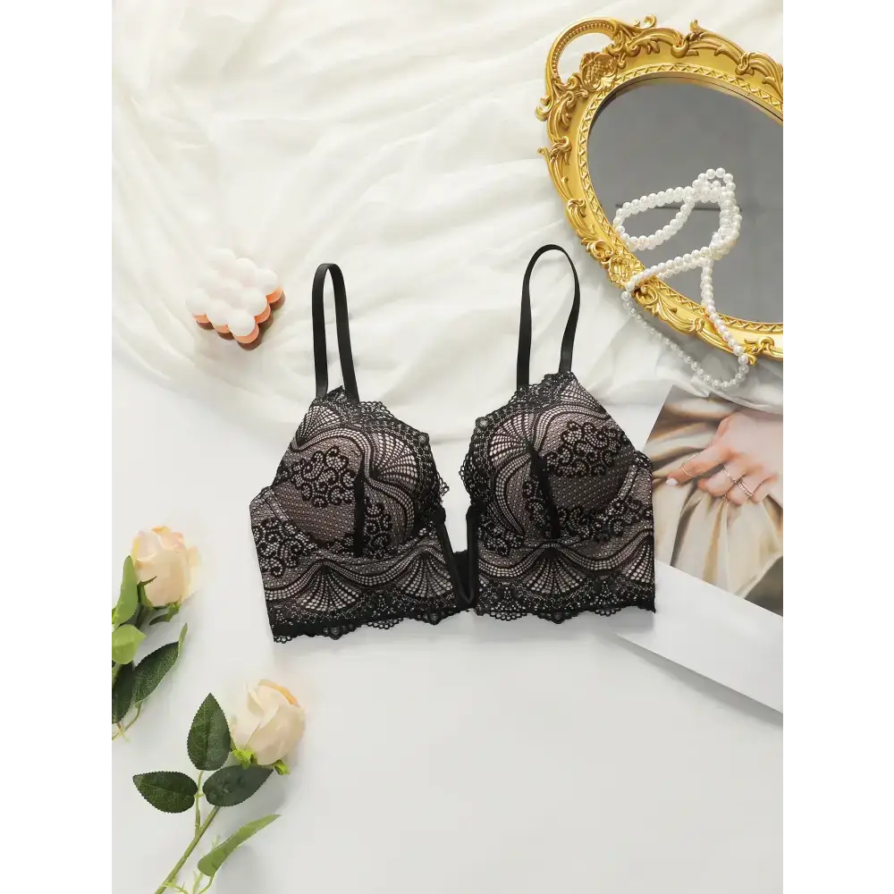 Black adjustable strap lace bra for women with intricate floral patterns from The Lady's Haven Boutique