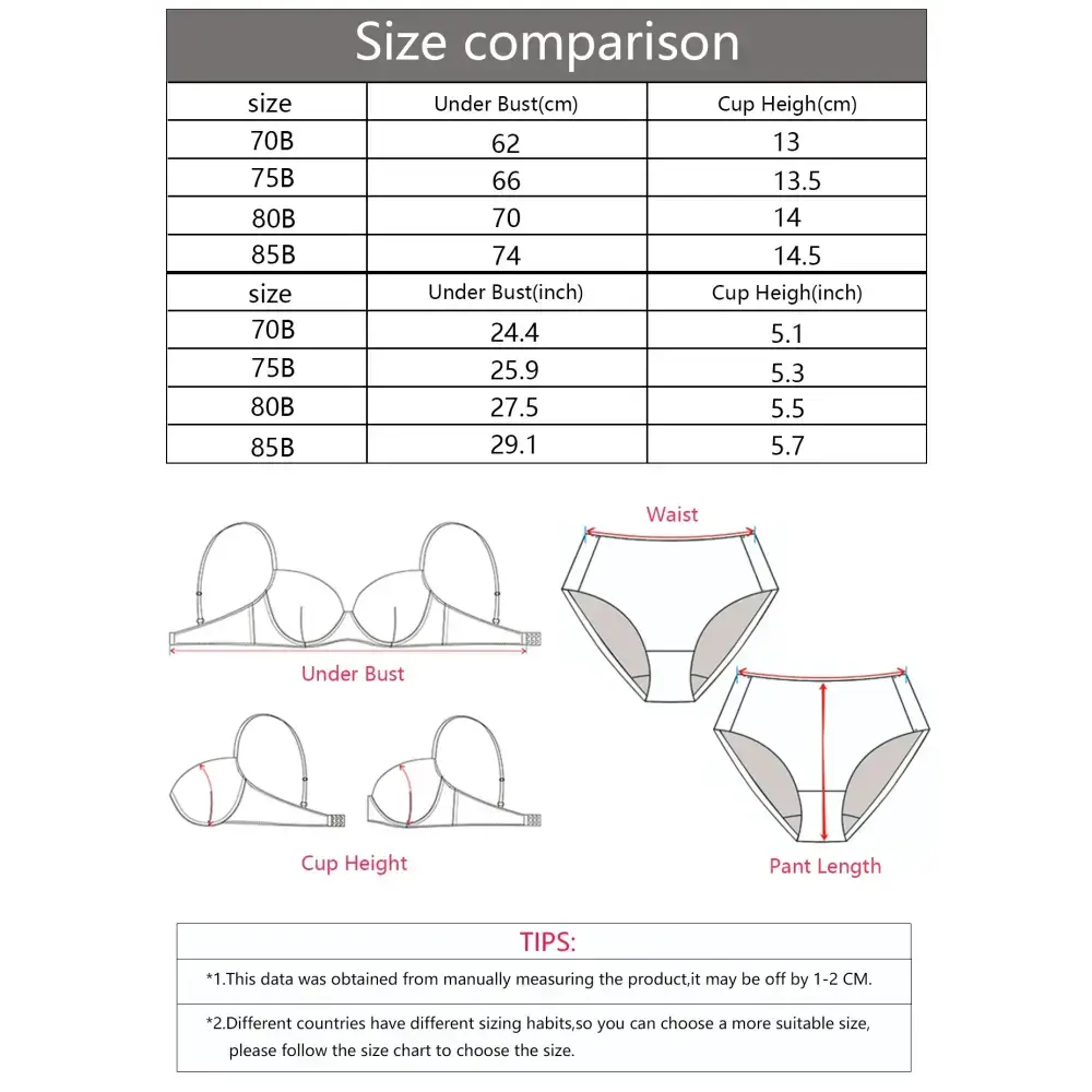 Size chart and measurement guide for adjustable strap lace bra for women with under bust and cup height details