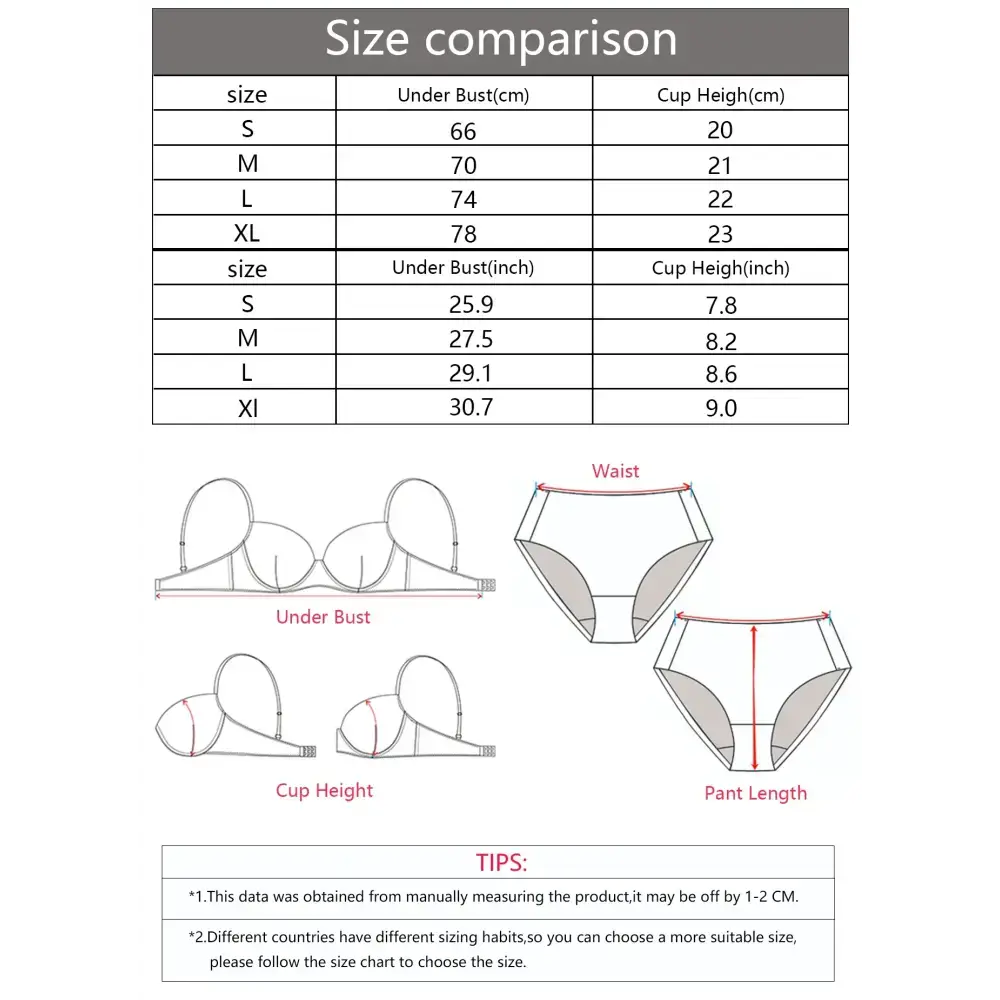 Size comparison chart showing measurements for adjustable strap wireless bra including under bust and cup height in cm and inches