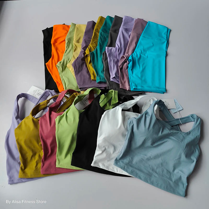 Variety of colorful crop tops in different shades for a stylish 2 piece workout outfit