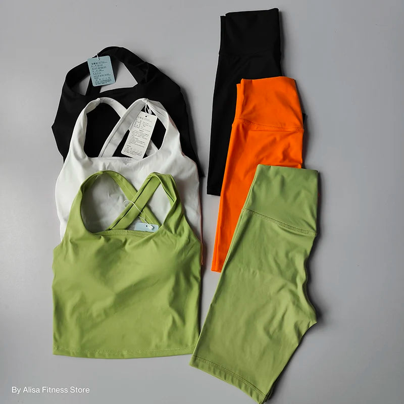 Colorful ladies sports bra and shorts set featuring various styles and sizes for activewear enthusiasts