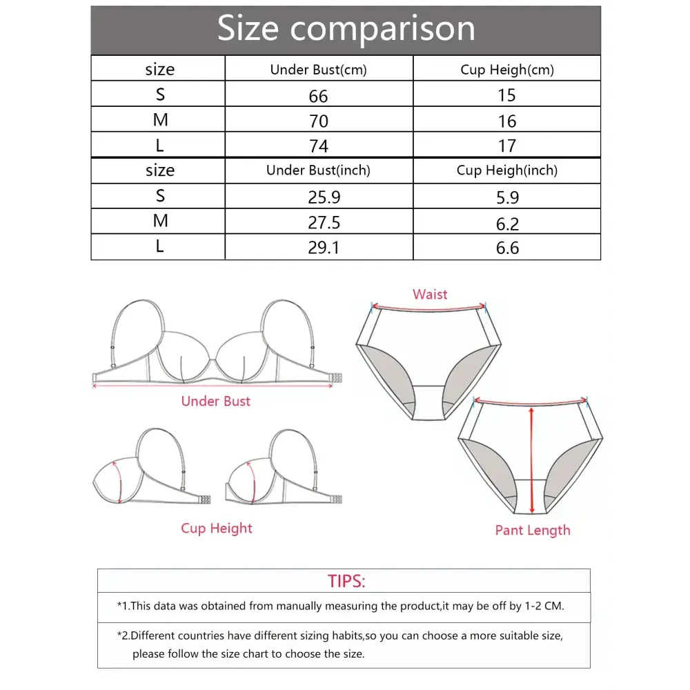 Size comparison chart for anti slip push up bra with measurements for under bust and cup height in cm and inches