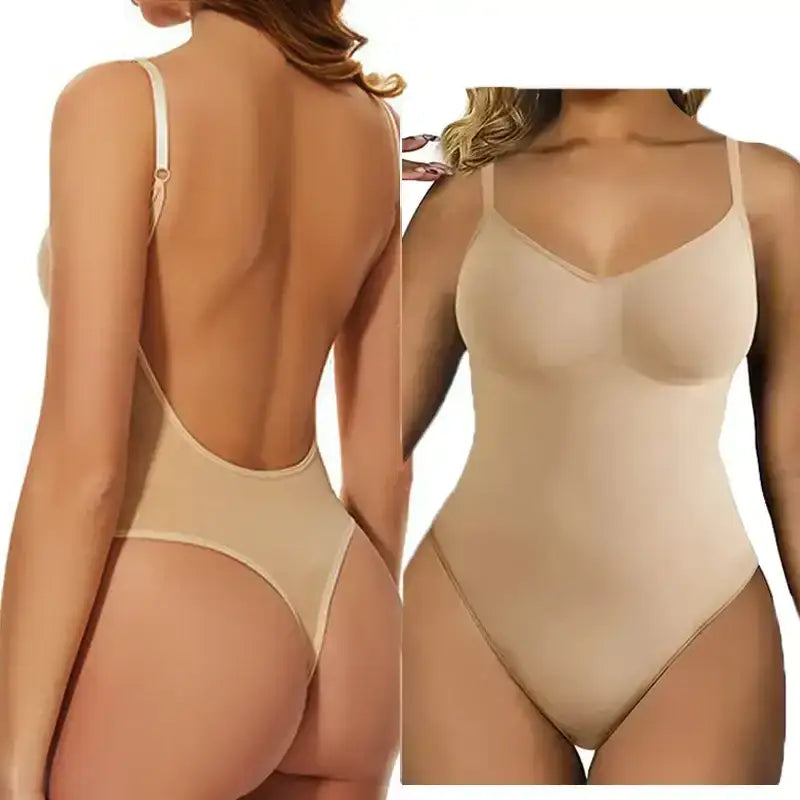Beige backless bodysuit shapewear with thin adjustable straps shown from front and back