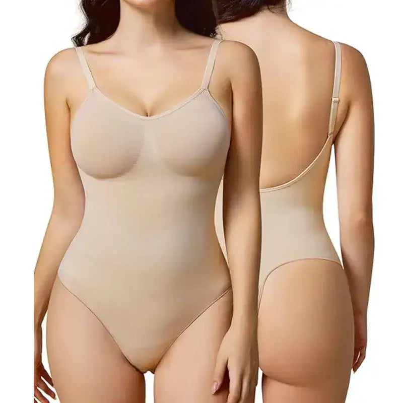 The Lady's Haven Boutique beige backless bodysuit shapewear with adjustable straps front and back view