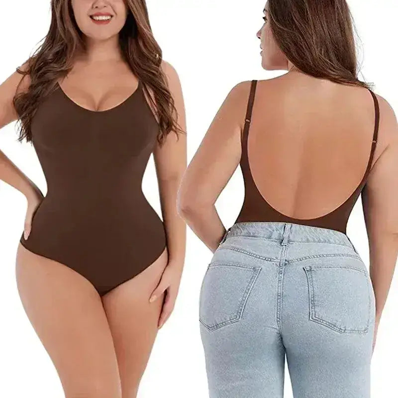 The Lady's Haven Boutique brown backless bodysuit shapewear shown front and back on a model