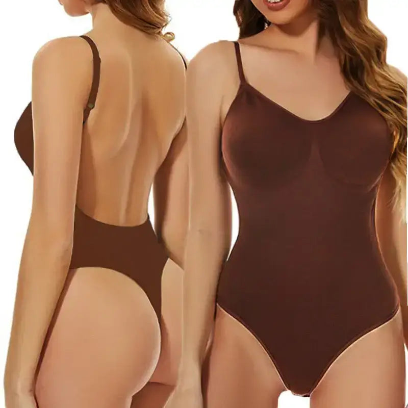 Brown backless bodysuit shapewear with thin adjustable straps shown from front and back