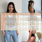 Backless bodysuit shapewear worn by woman showing front and side views with size chart overlay