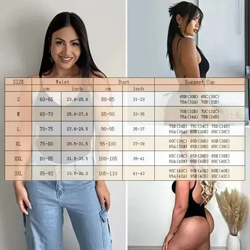 Backless bodysuit shapewear worn by woman showing front and side views with size chart overlay