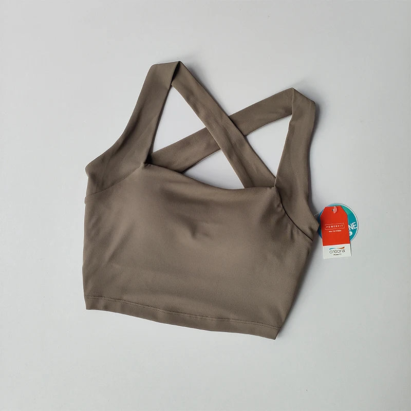 Beauty back yoga bra in taupe color with crisscross straps for stylish support during workouts