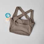 Beauty back yoga bra in taupe with stylish crisscross design for comfortable workouts