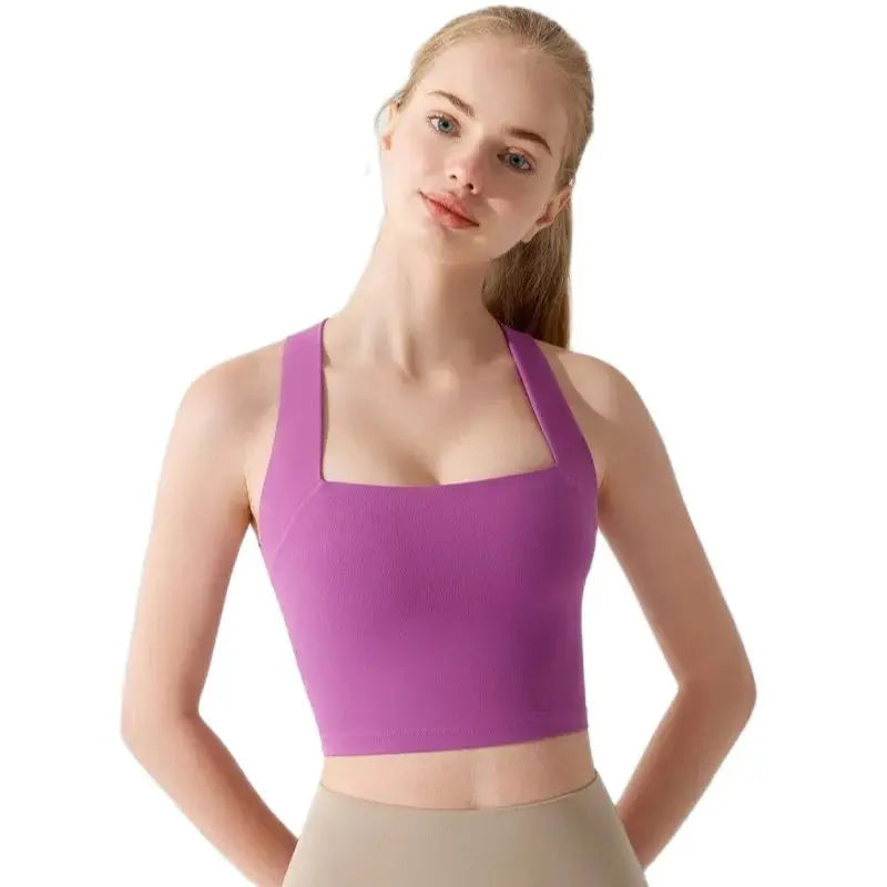 Purple beauty back yoga bra with square neckline for stylish and comfortable workouts