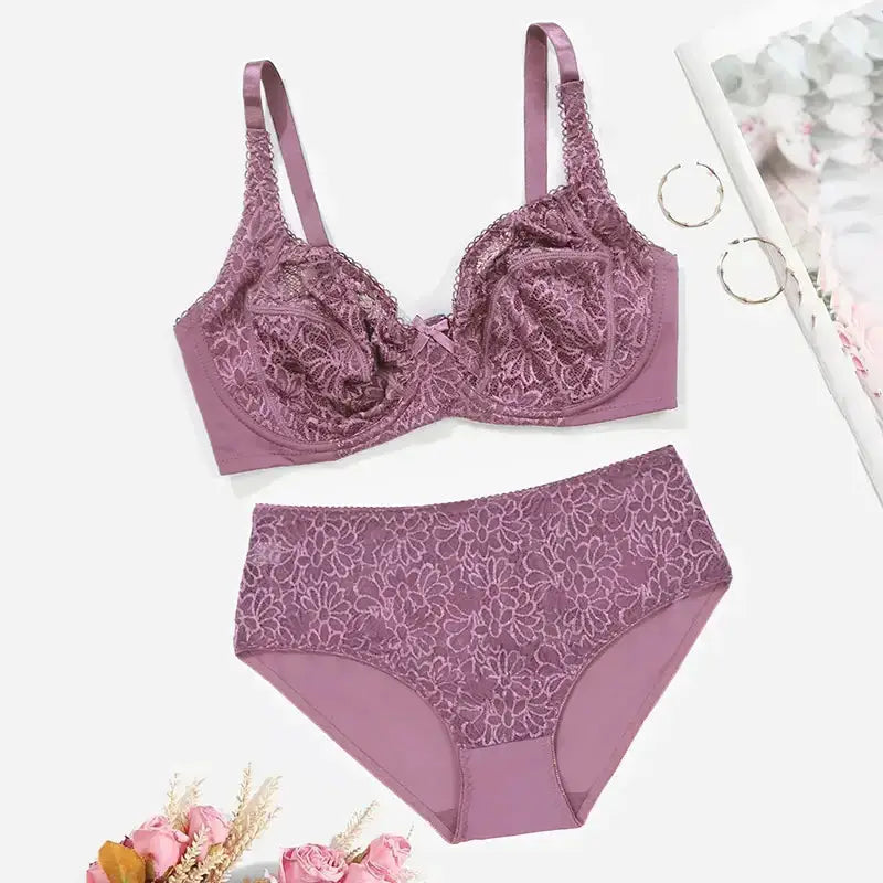85C-110E Women's Plus Size Lingerie Set Plain Lace Thin Unlined Underwire Bra and Panty Set - The Lady's Haven Boutique