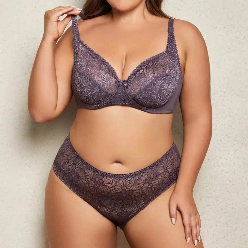 85C-110E Women's Plus Size Lingerie Set Plain Lace Thin Unlined Underwire Bra and Panty Set - The Lady's Haven Boutique