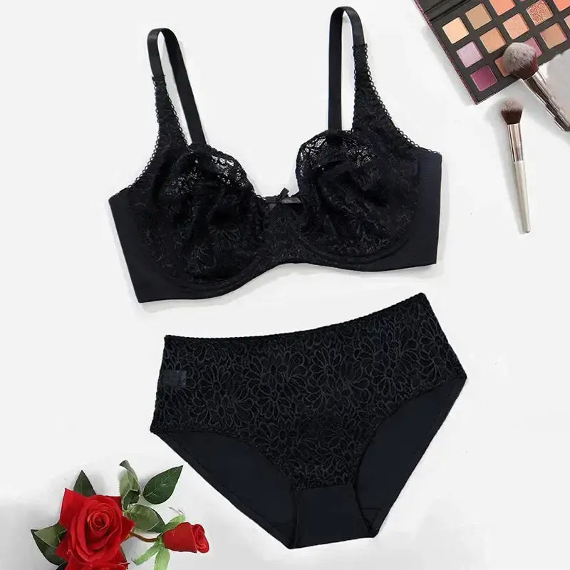 85C-110E Women's Plus Size Lingerie Set Plain Lace Thin Unlined Underwire Bra and Panty Set - The Lady's Haven Boutique
