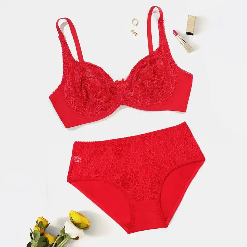85C-110E Women's Plus Size Lingerie Set Plain Lace Thin Unlined Underwire Bra and Panty Set - The Lady's Haven Boutique
