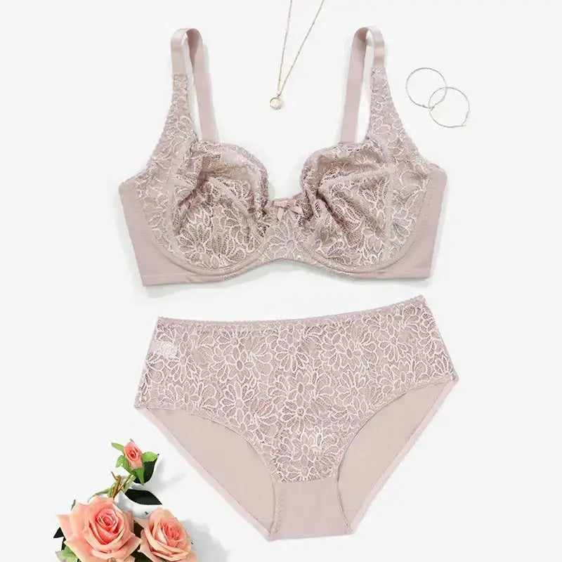 85C-110E Women's Plus Size Lingerie Set Plain Lace Thin Unlined Underwire Bra and Panty Set - The Lady's Haven Boutique