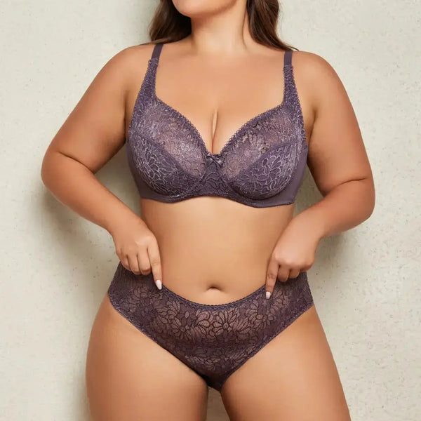 85C-110E Women's Plus Size Lingerie Set Plain Lace Thin Unlined Underwire Bra and Panty Set - The Lady's Haven Boutique