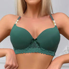 BEAUWEAR Christmas Red Push Up Padded Bra With Rhinestone And Metallic Texture Lace Design - Green / 80B