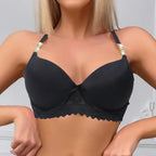 BEAUWEAR Christmas Red Push Up Padded Bra With Rhinestone And Metallic Texture Lace Design - Black / 75B