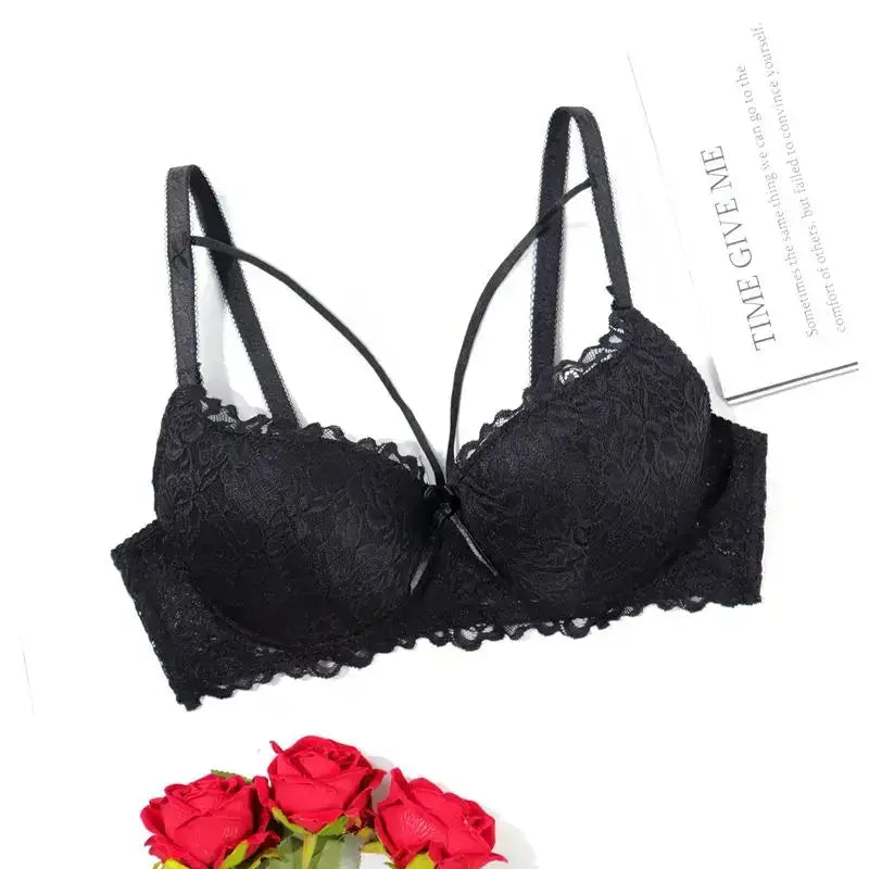 Beauwear Contrast Lace Push Up Bra Comfy Breathable Hollow Out Bra - Black / 80B