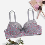 Beauwear Floral Bras for Women Push Up Bra Padded Bra Lace Underwear with wire Embroidered Lingerie 75B-90B - Grey / 90B