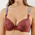 Beauwear Letter Straps Push Up Bra no Foam Comfy Breathable Floral Lace Everyday Bra with Wire - Brown / 90B