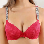 Beauwear Letter Straps Push Up Bra no Foam Comfy Breathable Floral Lace Everyday Bra with Wire - Red / 80B